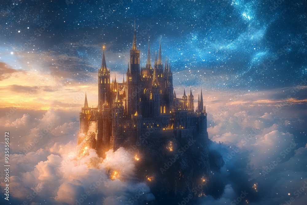 Naklejka premium A stunning image of a majestic castle floating amidst the clouds with a star-lit sky and dusk backdrop, evoking a sense of fantasy, wonder, and enchantment.