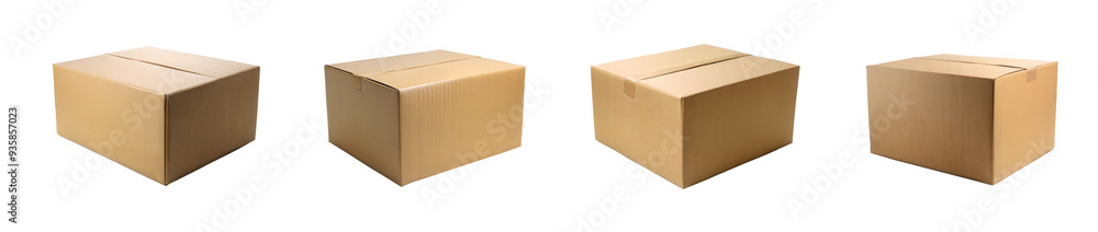 Four different cardboard boxes shown from various angles on transparent background. Concept of packaging, shipping, storage Four different cardboard boxes shown from various angles on transparent background. Concept of packaging, shipping, storage