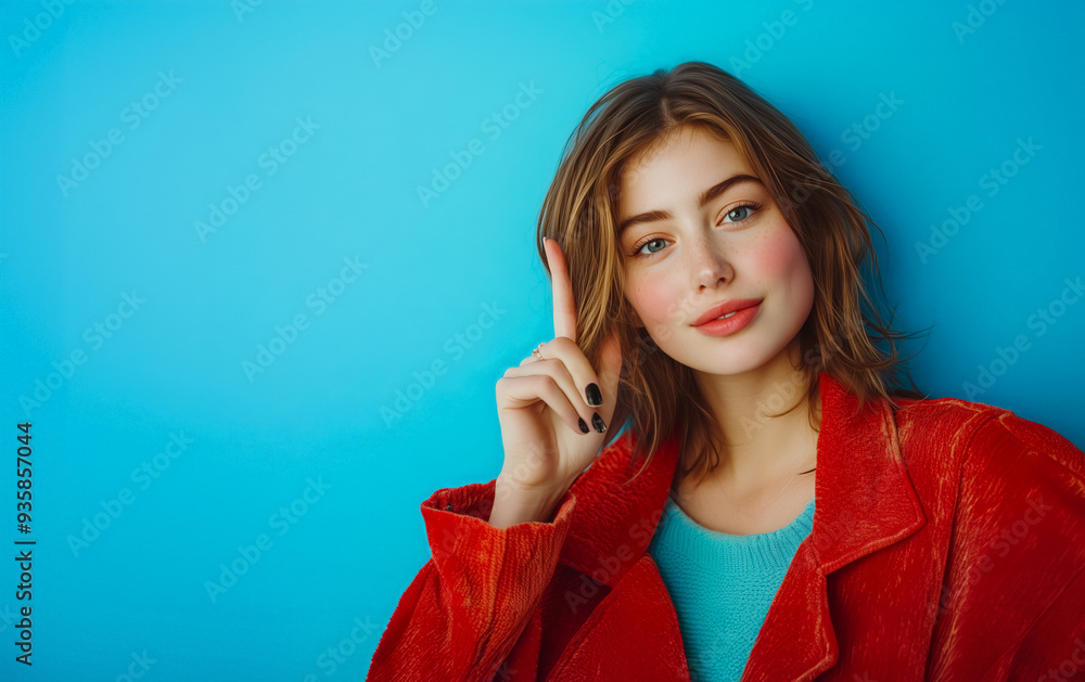 Fototapeta premium A beautiful woman in a red jacket, with one finger raised, poses against a serene blue backdrop.