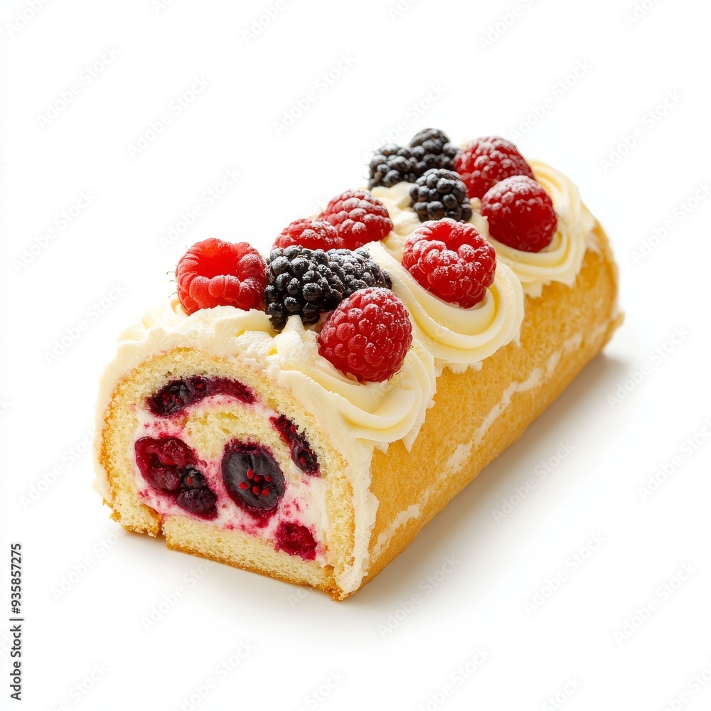A mouth-watering berry roll cake topped with whipped cream on a white background A mouth-watering berry roll cake topped with whipped cream on a white background