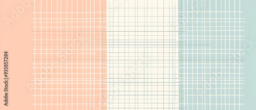 A flat vector illustration of a background design with stripes and grids, using two pastel colors like soft peach and baby blue. The stripes are simple and uniform, a delicate grid pattern 