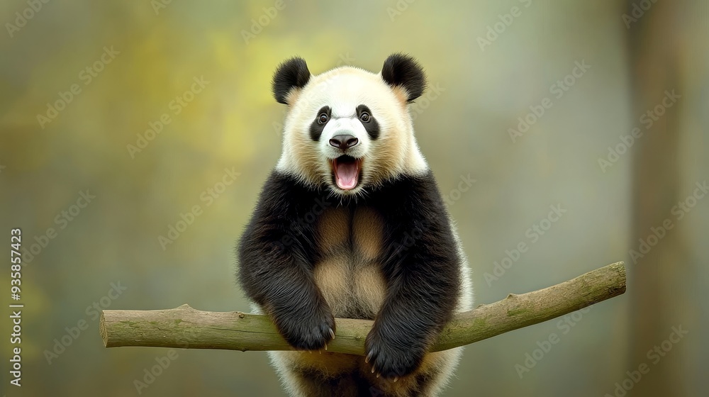 Obraz premium Adorable Panda Bear Sitting on a Branch with a Big Smile - A playful panda bear sits on a branch, showcasing its adorable smile and black and white fur. The image evokes happiness, joy, and the beauty
