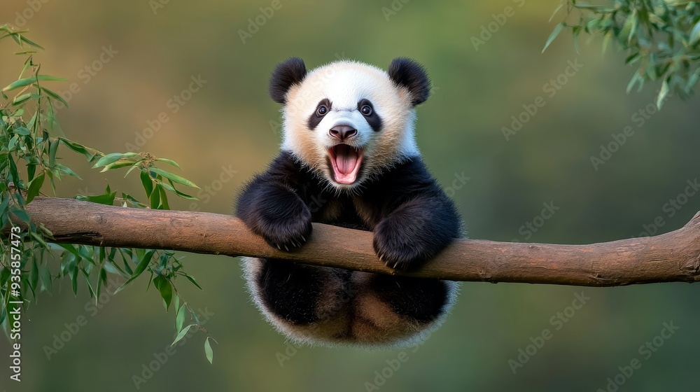 Obraz premium Adorable Panda Cub Hanging on a Branch with a Big Smile - A playful panda cub hangs onto a tree branch, showcasing its adorable smile and playful nature. The image captures the animal's innocence, joy