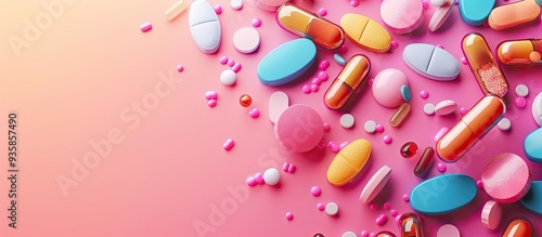 Colorful vitamin pills capsules and medicine ampoules set against an abstract background Concept of healthcare medicine and pharmaceuticals in a flat lay style Close up studio shot with copy space Ton