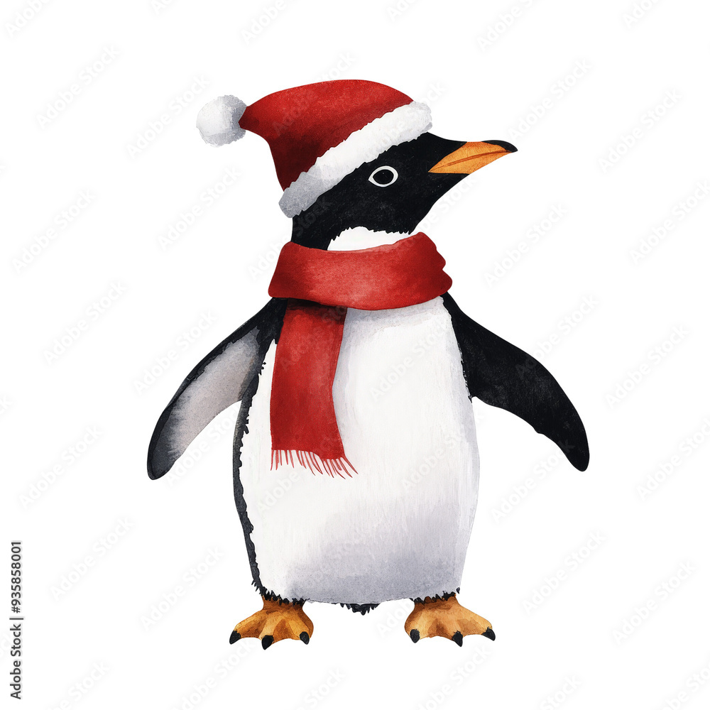 Fototapeta premium A Charming Penguin in a Christmas Hat and Scarf, Spreading Cheer and Seasonal Joy in a Delightful Illustration