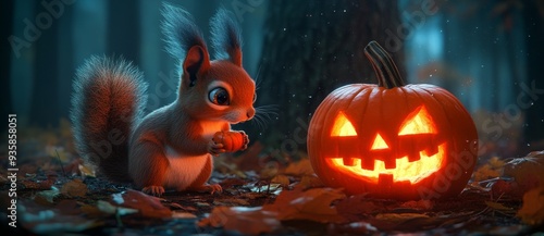 Creating a haunting Halloween scene with a glowing pumpkin and a zombie squirrel among autumn leaves.