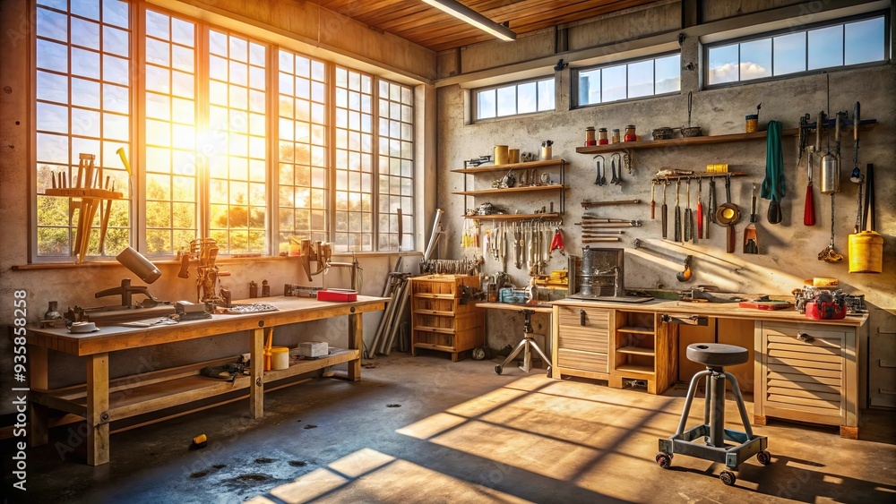 Sunlit garage workshop filled with tools and equipment Sunlit garage workshop filled with tools and equipment