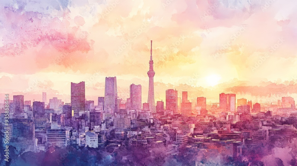 Stunning watercolor painting of a modern city skyline at sunrise, featuring tall buildings and pastel hues in the sky. Stunning watercolor painting of a modern city skyline at sunrise, featuring tall buildings and pastel hues in the sky.