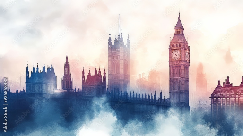Stunning watercolor image of London's iconic Big Ben and Houses of Parliament surrounded by a mystical, foggy atmosphere. Perfect for artistic designs. Stunning watercolor image of London's iconic Big Ben and Houses of Parliament surrounded by a mystical, foggy atmosphere. Perfect for artistic designs.