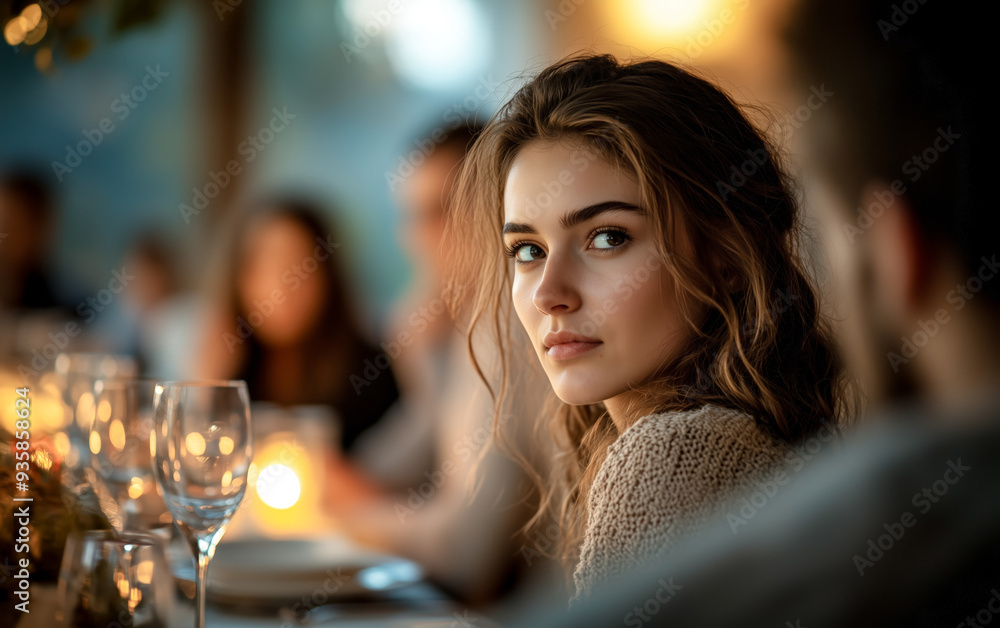 A beautiful woman sits at the head of an elegant dinner table, her friends in the background, and her gaze fixed directly on the camera. A beautiful woman sits at the head of an elegant dinner table, her friends in the background, and her gaze fixed directly on the camera.