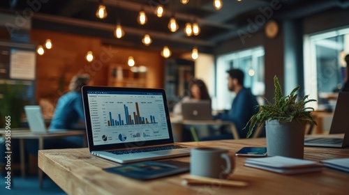 Wallpaper Mural A laptop with graphs and pie charts is on a wooden table adorned with a plant in a cozy workspace where a group of people is engaged in interaction and work. Torontodigital.ca