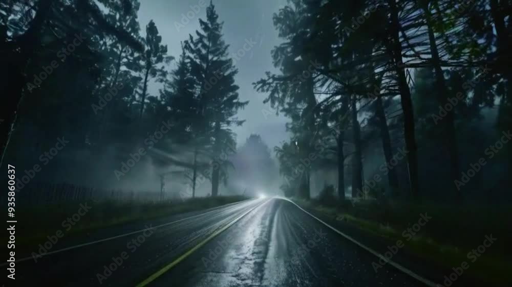 Ominous Foggy Road on a Gloomy Rainy Autumn Evening, Mysterious and Haunting, Leading into the Unknown Against a Dark Atmospheric Background Ominous Foggy Road on a Gloomy Rainy Autumn Evening, Mysterious and Haunting, Leading into the Unknown Against a Dark Atmospheric Background