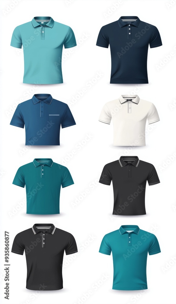 Naklejka premium Polo Shirt mockup design with front and back views in black, white, green, and blue colors