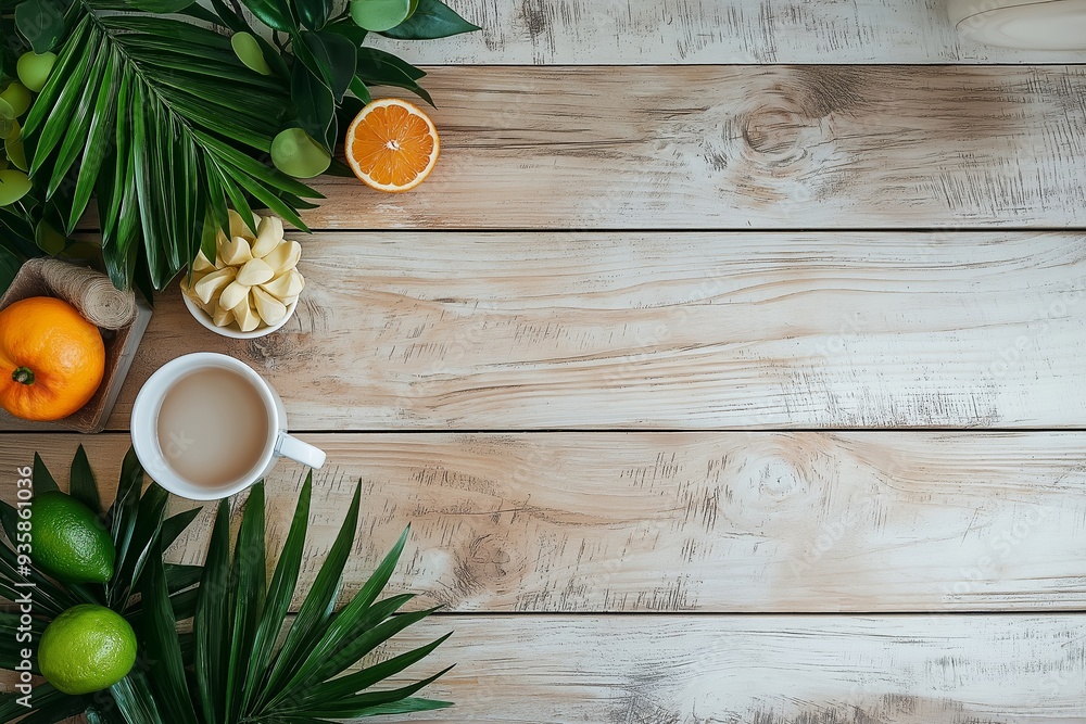 A rustic wooden table decorated with tropical fruits, palm leaves, and a cup of coffee resembling a natural setup. A rustic wooden table decorated with tropical fruits, palm leaves, and a cup of coffee resembling a natural setup.