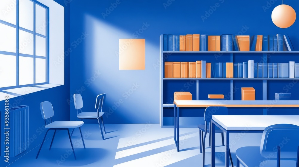Blue Room Interior Design with Bookshelf and Chairs - This minimalist illustration depicts a blue room interior with a bookshelf, chairs, and sunlight streaming through a window. The bookshelf is fill Blue Room Interior Design with Bookshelf and Chairs - This minimalist illustration depicts a blue room interior with a bookshelf, chairs, and sunlight streaming through a window. The bookshelf is fill