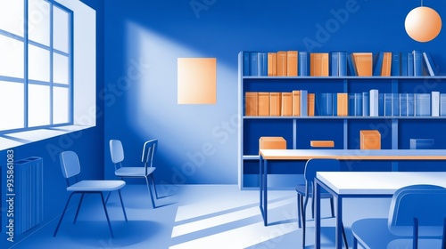 Blue Room Interior Design with Bookshelf and Chairs - This minimalist illustration depicts a blue room interior with a bookshelf, chairs, and sunlight streaming through a window. The bookshelf is fill