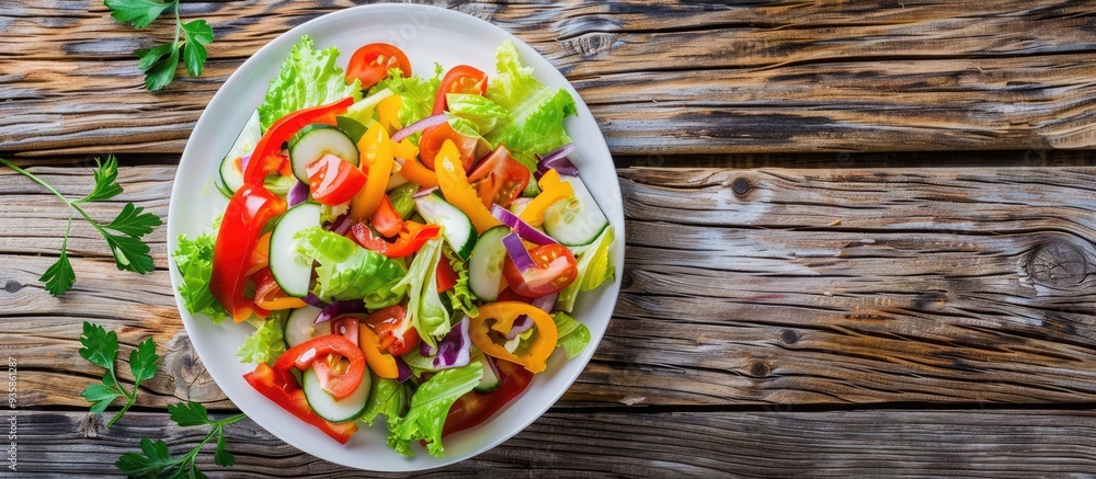 Shopska salad on a white plate against a wooden background close up. Copy space image. Place for adding text and design Shopska salad on a white plate against a wooden background close up. Copy space image. Place for adding text and design