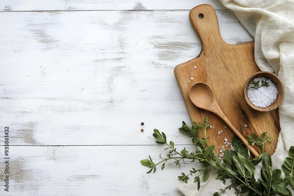 A wooden chopping board adorned with fresh herbs and a bowl of salt, set against a distressed white wooden surface. A wooden chopping board adorned with fresh herbs and a bowl of salt, set against a distressed white wooden surface.