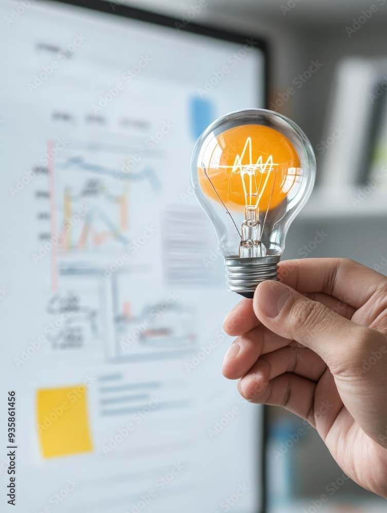 Bright Ideas for Business Success: A Hand Holding a Lightbulb in Front of a Chart - A hand holds a lit lightbulb in front of a chart, symbolizing innovation, inspiration, ideas, and solutions for busi Bright Ideas for Business Success: A Hand Holding a Lightbulb in Front of a Chart - A hand holds a lit lightbulb in front of a chart, symbolizing innovation, inspiration, ideas, and solutions for busi