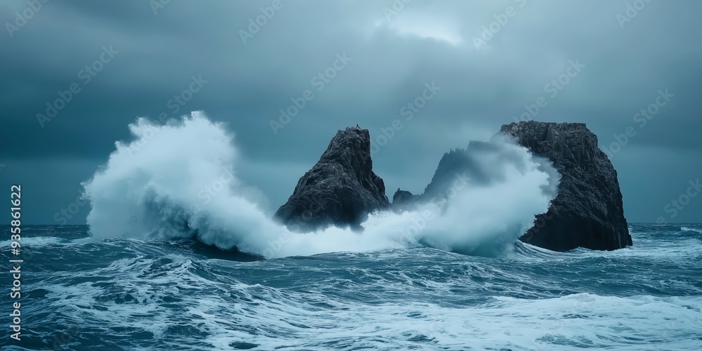 Naklejka premium A powerful wave crashes against rocky outcrops in a stormy ocean, showcasing nature's strength and unpredictability.
