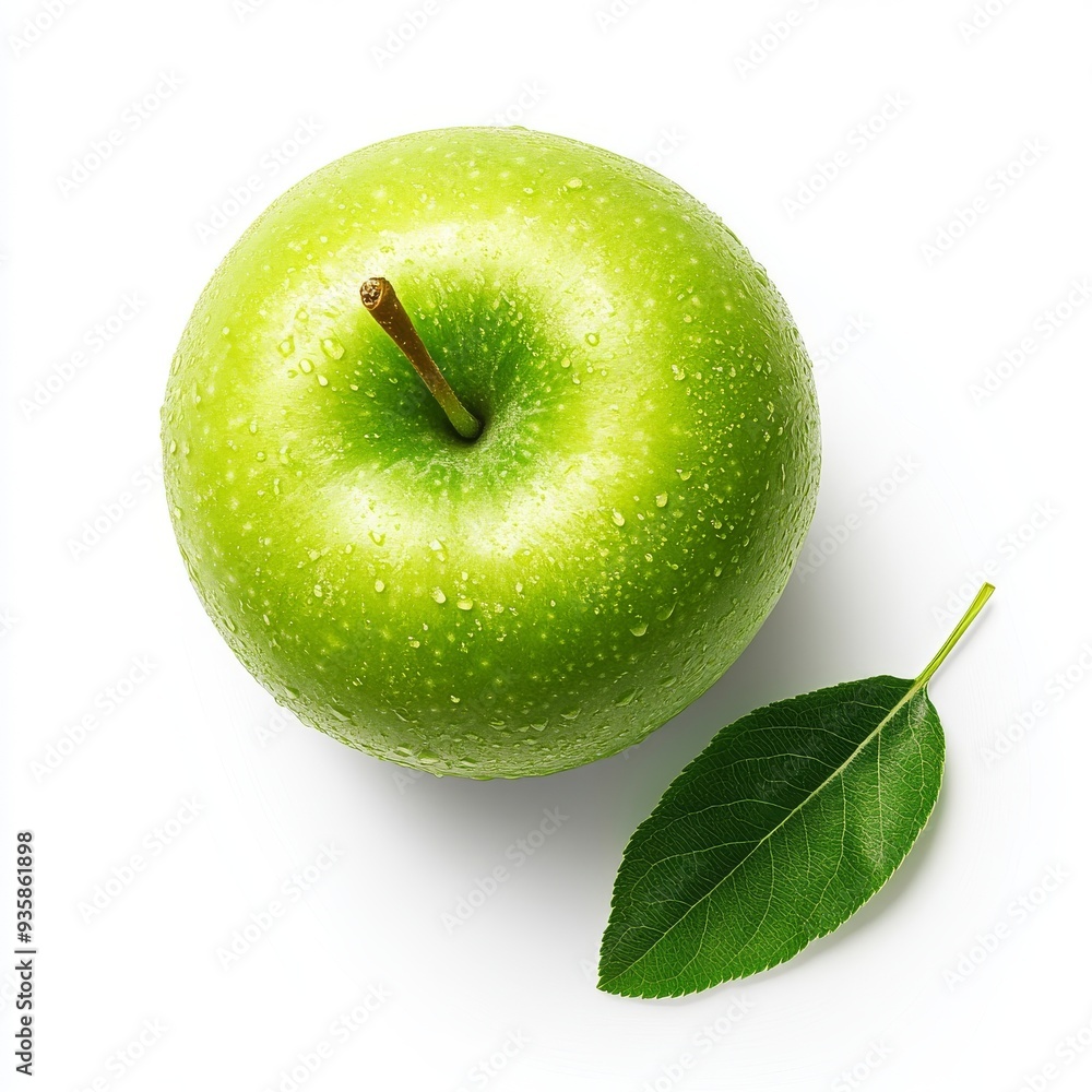On a white background, a vibrant green apple with a leaf can be seen up close