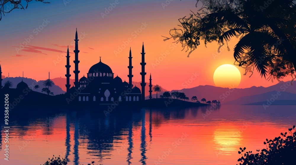 Fototapeta premium Silhouetted Mosque with Sunset Reflection in Calm Water