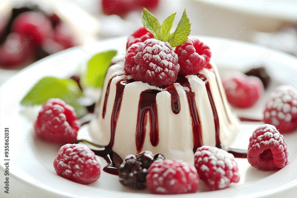 A classic white dessert with raspberries and mint leaves, drizzled with chocolate sauce, and dusted with powdered sugar. A classic white dessert with raspberries and mint leaves, drizzled with chocolate sauce, and dusted with powdered sugar.