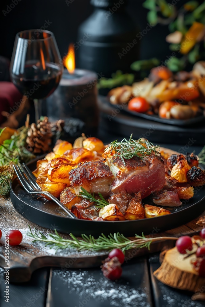 A gourmet steak accompanied by roasted vegetables, garnished with rosemary, and served with a glass of red wine. A gourmet steak accompanied by roasted vegetables, garnished with rosemary, and served with a glass of red wine.