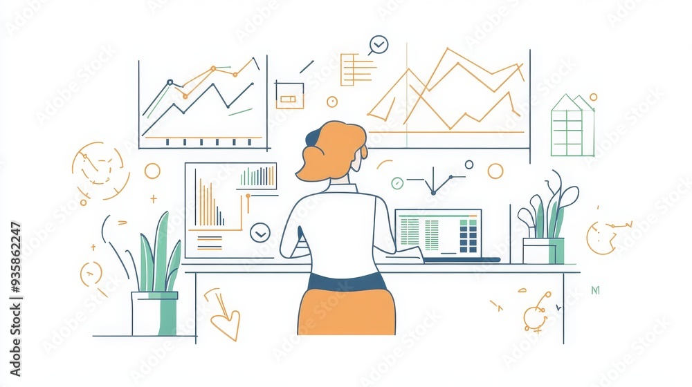 Businesswoman analyzing data and charts on her laptop - A woman working at her desk, surrounded by charts and graphs, symbolizing data analysis, business growth, market research, strategic planning, a Businesswoman analyzing data and charts on her laptop - A woman working at her desk, surrounded by charts and graphs, symbolizing data analysis, business growth, market research, strategic planning, a