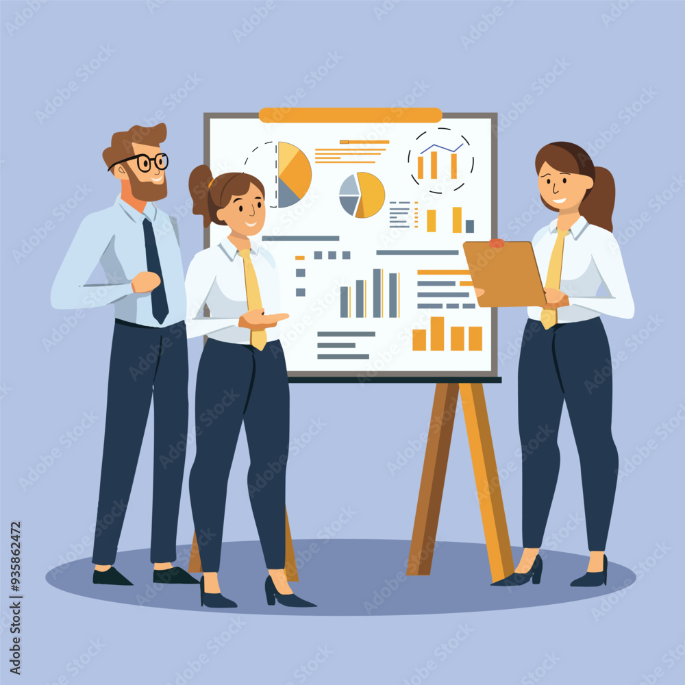 Fototapeta premium Teamwork analyzing business growth charts trending concept flat illustration