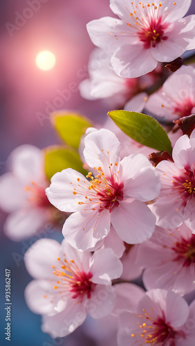 Cherry Blossoms in Bloom: Delicate Pink Flowers with Sunlit Glow