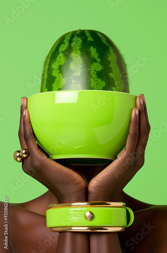 A fashionable hand holding a watermelon slice against a green backdrop. Bold colors and stylish accessories create a vibrant scene.