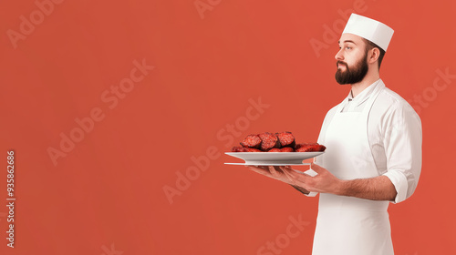 Chef Serving Delicious Sausages on a White Plate Against Red Background - A chef in a white uniform and hat proudly presents a platter of freshly cooked sausages.  The red background enhances the vibr photo