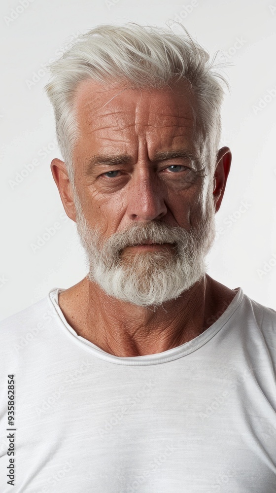 An older man stands confidently, showcasing his gray beard and distinct features. He wears a simple white shirt, emphasizing his wisdom and life experience against a plain backdrop An older man stands confidently, showcasing his gray beard and distinct features. He wears a simple white shirt, emphasizing his wisdom and life experience against a plain backdrop