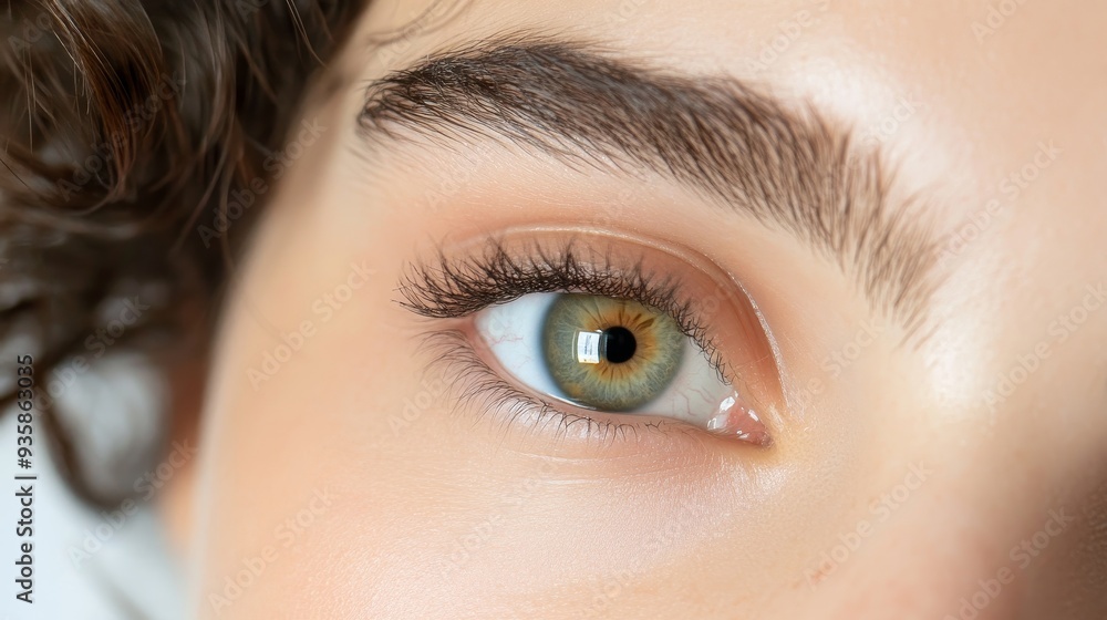 Obraz premium Closeup of a Woman's Striking Green Eye with Long Eyelashes - A captivating close-up shot of a woman's eye, showcasing the vibrant green iris, long lashes, and delicate skin. The image conveys beauty,