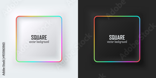 Set of realistic 3d squares. Rainbow illuminate neon lighting, Square frames on a white and black background in neumorphism style. Elements for design. Top view of the podium. EPS10 vector.