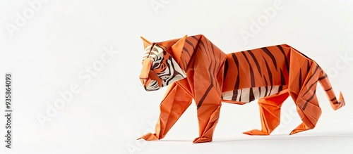 Animal concept origami featuring an orange Bengal tiger with stripes isolated on a white background with copyspace is a simple beginner craft for children photo