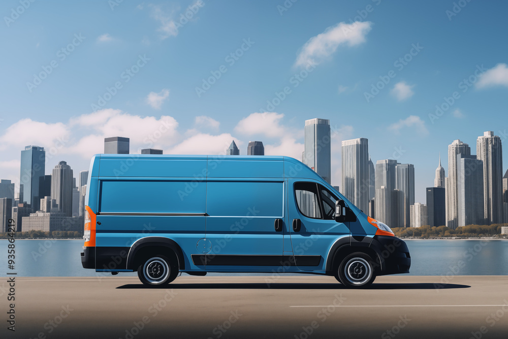 Image of a business van standing on a platform against the background of a big city and tall buildings. Image of a business van standing on a platform against the background of a big city and tall buildings.