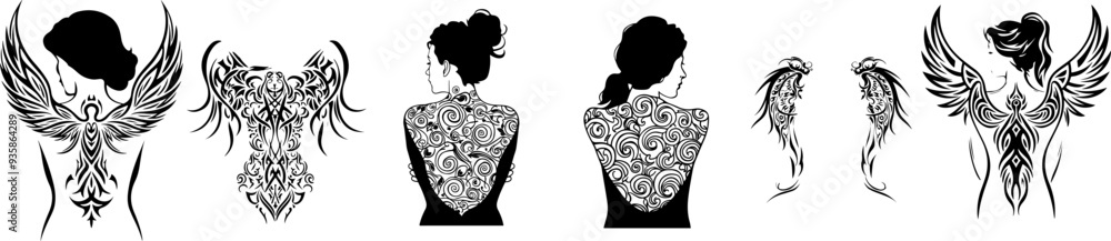 Fototapeta premium Contour silhouettes of tribal tattoos on the back of women in patterns and wings. Vector set of black sketches on transparent background