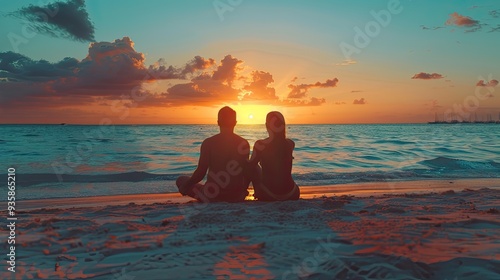 Silhouettes of couple on a beach. The photo depicts a romantic sunset scene with a couple enjoying a moment together. photo