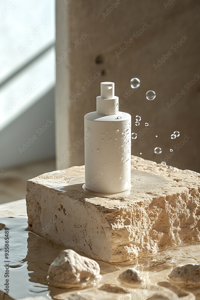 A white bottle of skincare product with water drops sits on a stone platform surrounded by water. A white bottle of skincare product with water drops sits on a stone platform surrounded by water.