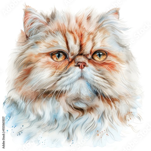 Adorable Watercolor Persian Cat Clipart with Fluffy Fur Isolated on White Background