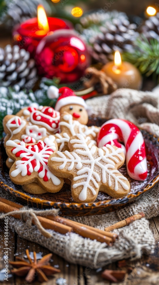 Naklejka premium Festive gingerbread cookies decorated with icing and surrounded by Christmas ornaments on a wooden background. Perfect for holiday baking and Christmas designs