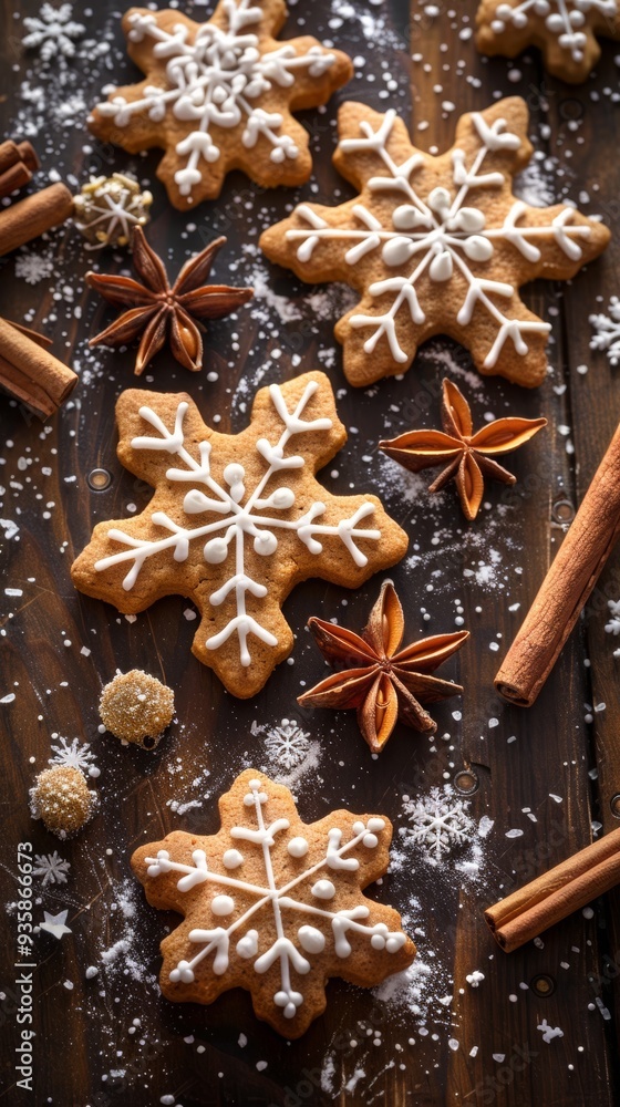 Festive gingerbread cookies decorated with icing and surrounded by Christmas ornaments on a wooden background. Perfect for holiday baking and Christmas designs Festive gingerbread cookies decorated with icing and surrounded by Christmas ornaments on a wooden background. Perfect for holiday baking and Christmas designs