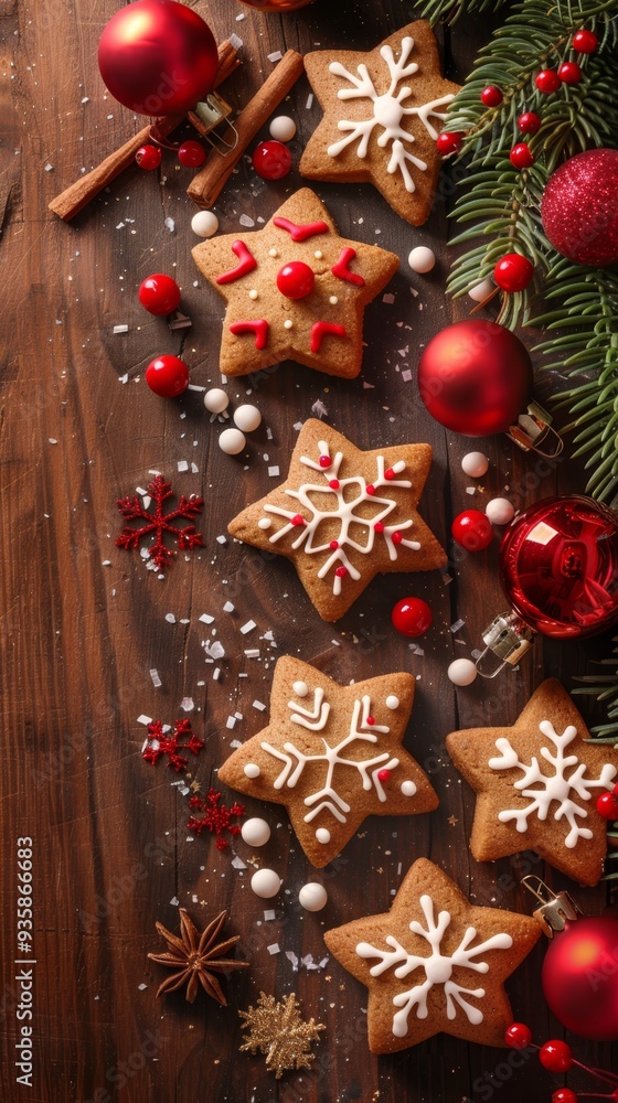 Festive gingerbread cookies decorated with icing and surrounded by Christmas ornaments on a wooden background. Perfect for holiday baking and Christmas designs Festive gingerbread cookies decorated with icing and surrounded by Christmas ornaments on a wooden background. Perfect for holiday baking and Christmas designs