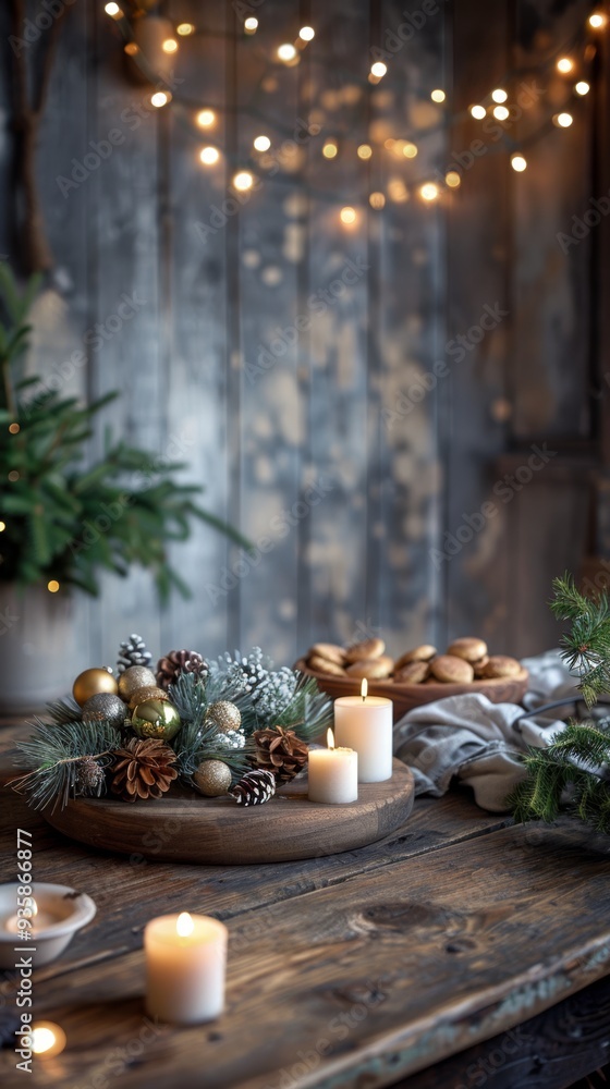 Obraz premium Elegant Christmas candle. Merry Christmas and Happy New Year background
