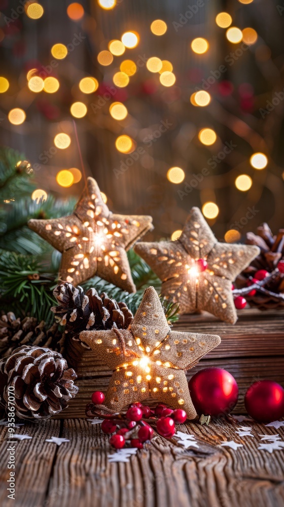 Glowing golden stars and pinecones on a rustic wooden background with festive lights. Perfect for Christmas and winter-themed decorations.
