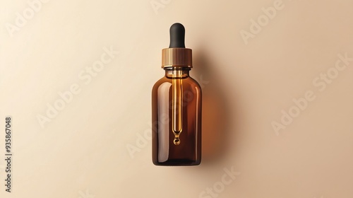 A brown glass bottle with an amber dropper for skin care on beige background.