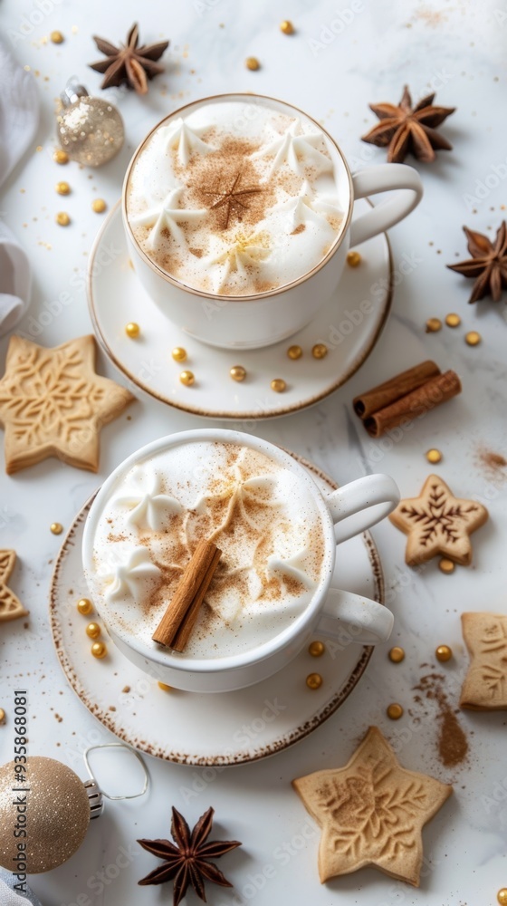 Festive hot chocolate with a snowflake cookie and Christmas decorations. Perfect for cozy winter mornings and holiday gatherings. Festive hot chocolate with a snowflake cookie and Christmas decorations. Perfect for cozy winter mornings and holiday gatherings.