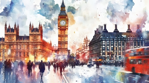 Vivid watercolor painting of London with Big Ben and bustling city streets, capturing the essence of urban life and iconic landmarks.